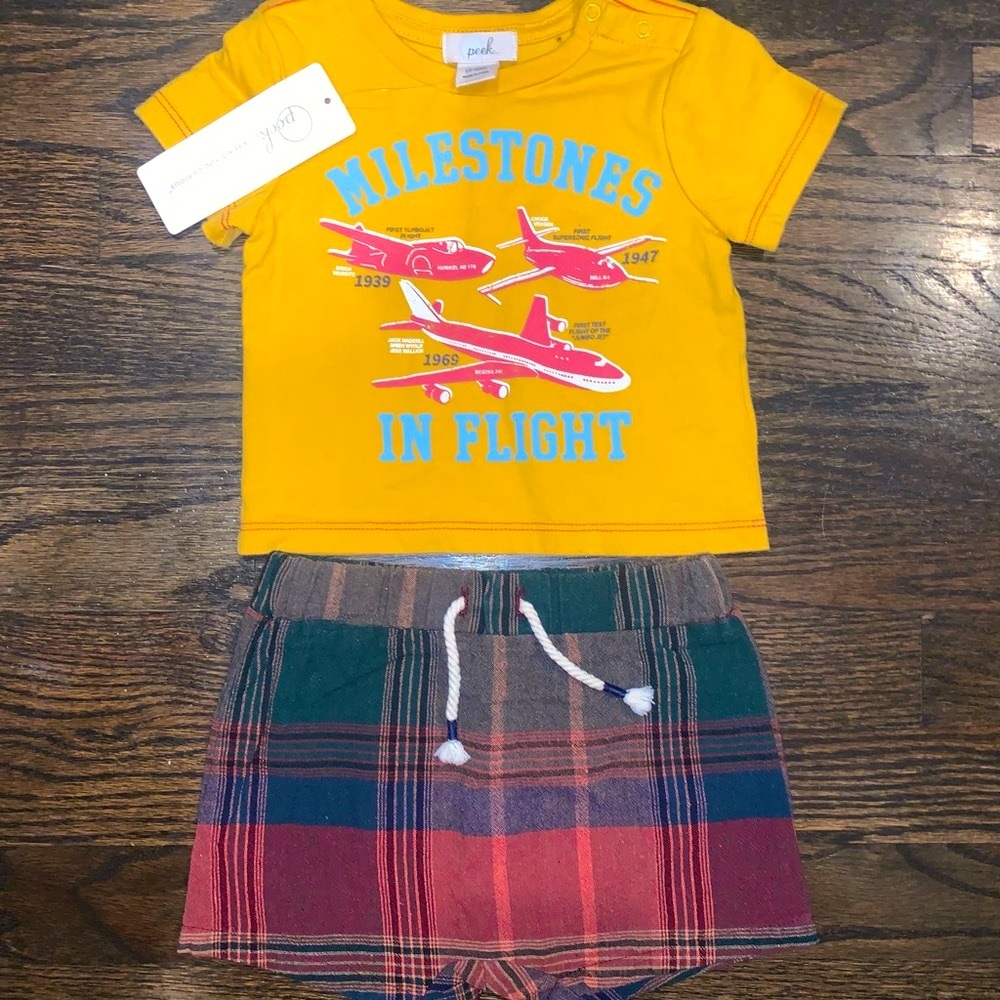 PEEK Airplane, Fighter Jets tee and shorts summer baby set  3/6 NWT